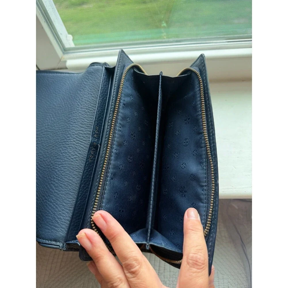 Tory Burch Britten Leather Envelope Wallet in Dark Blue and Gold EUC